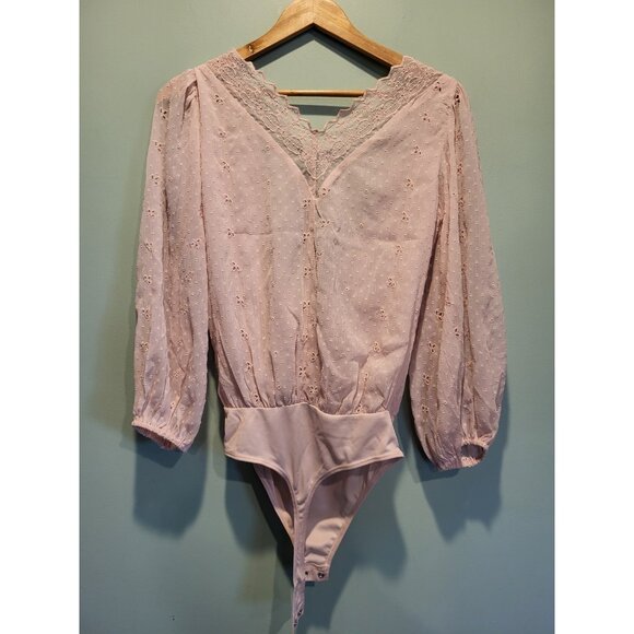 New Express Blush Pink Semi Sheer Long Puff Sleeve Bodysuit Sz S Feminine Fairy - Picture 5 of 7